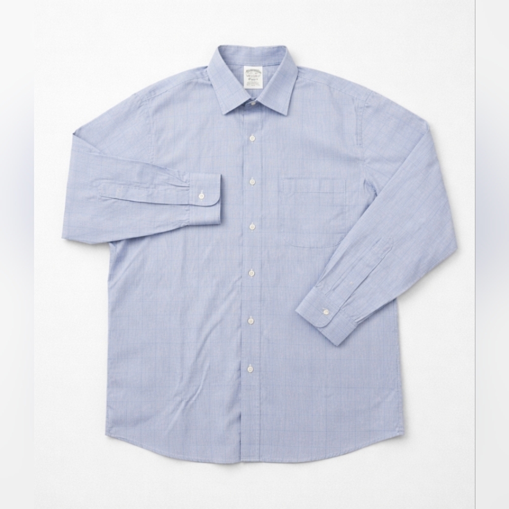 Brooks Brothers Classic Dress Shirt Windowpane Plaid Blue 15 1/2 35 Long Sleeve